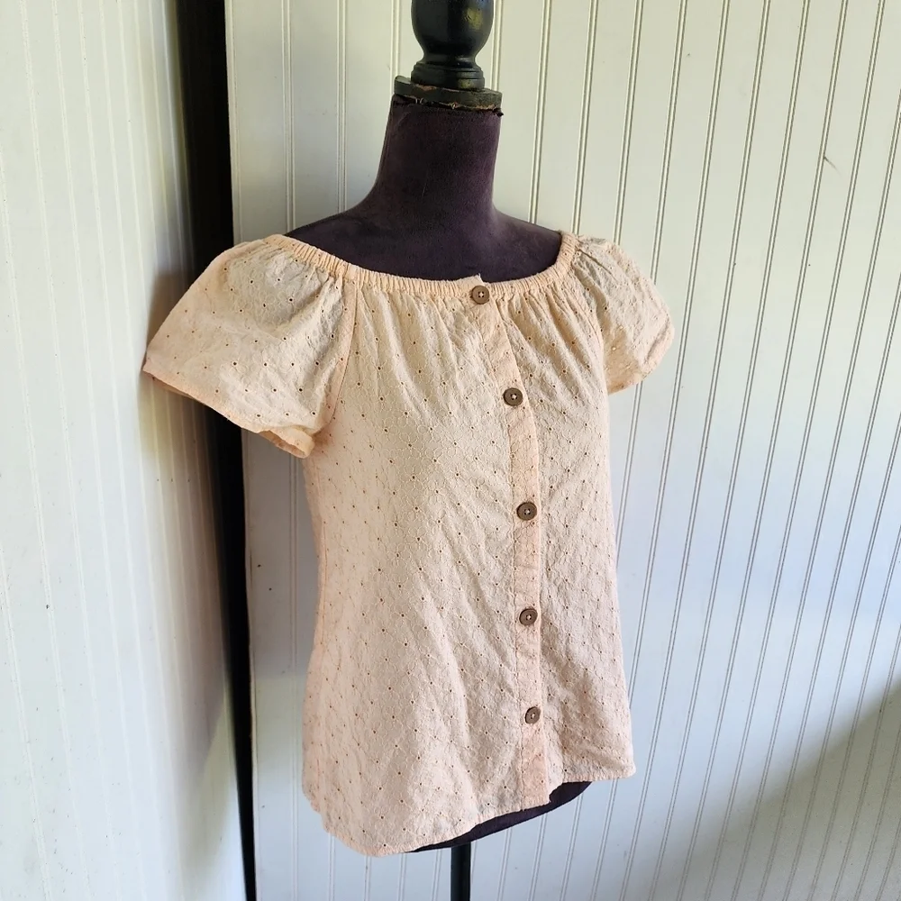 Cat & Jack Girs Eyelet Button Front Woven Short Sleeve Blush Orange Top L(10/12)